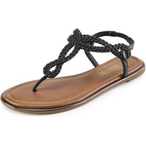 DREAM PAIRS Women’s Flat Sandals Dressy Summer Stappy Comfortable Ankle Elastic T-Strap Beach Thong Sandals(Black)