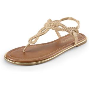 DREAM PAIRS Women’s Flat Sandals Dressy Summer Stappy Comfortable Ankle Elastic T-Strap Beach Thong Sandals(Nude)