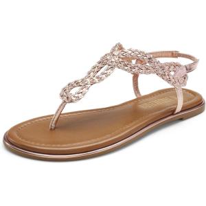 DREAM PAIRS Women’s Flat Sandals Dressy Summer Stappy Comfortable Ankle Elastic T-Strap Beach Thong Sandals(Rose Gold-metallic)