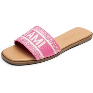 DREAM PAIRS Women’s Flat Sandals Slip On Slides Sandals Square Open Toe Jacquard Braided Fashion Slides Casual Beach Slippers for Summer(Hot Pink-knit)