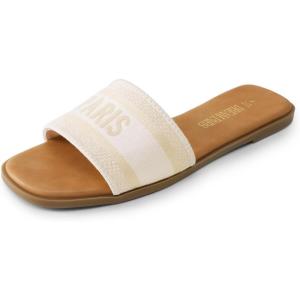 DREAM PAIRS Women’s Flat Sandals Slip On Slides Sandals Square Open Toe Jacquard Braided Fashion Slides Casual Beach Slippers for Summer(Nude)