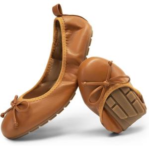 DREAM PAIRS Women’s Flats, Foldable Ballet Flats for Women, Bowknot Round Toe Comfort Light Weight Slip-On Dress Shoes(Brown)
