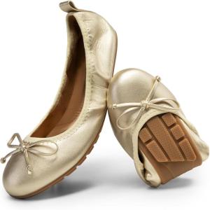 DREAM PAIRS Women’s Flats, Foldable Ballet Flats for Women, Bowknot Round Toe Comfort Light Weight Slip-On Dress Shoes(Gold)