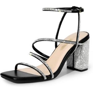 DREAM PAIRS Women’s Heels Chunky Block Strappy Square Open Toe Ankle Buckle Heeled Sandals Wedding Party Dress Shoes Indie(Black-rhinestone)