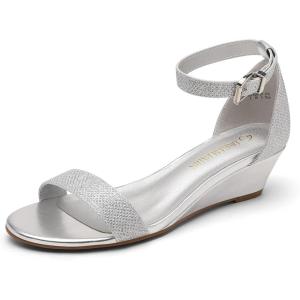 DREAM PAIRS Women’s Ingrid Ankle Strap Low Wedge Sandal(Silver/Plaid)
