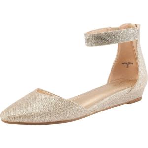 DREAM PAIRS Women’s Low Wedge Round Toe Ankle Strap Dress Comfortable Casual Flats Shoes(Gold/Glitter)