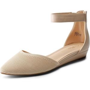 DREAM PAIRS Women’s Low Wedge Round Toe Ankle Strap Dress Comfortable Casual Flats Shoes(Nude-knit)