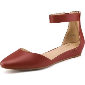 DREAM PAIRS Women’s Low Wedge Round Toe Ankle Strap Dress Comfortable Casual Flats Shoes(Red/Pu)