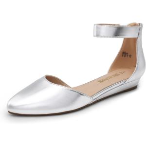 DREAM PAIRS Women’s Low Wedge Round Toe Ankle Strap Dress Comfortable Casual Flats Shoes(Silver)