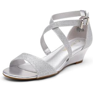 DREAM PAIRS Women’s Low Wedge Sandals Ankle Strap Heel Sandal Open Toe Wide Dress Summer Shoes(Silver)