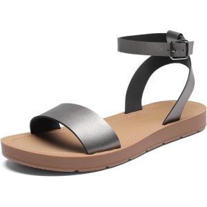 DREAM PAIRS Women’s One Band Ankle Strap Buckle Flat Sandals(Pewter/Pu)