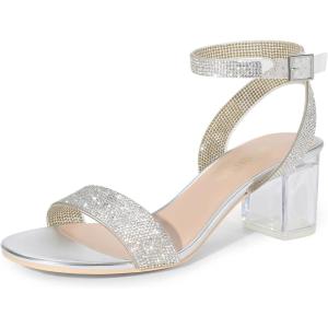 DREAM PAIRS Women’s Open Toe Ankle Strap Low Block Chunky Heels Sandals Party Dress Pumps Shoes(Silver/Clear-rhinestone)