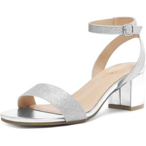 DREAM PAIRS Women’s Open Toe Ankle Strap Low Block Chunky Heels Sandals Party Dress Pumps Shoes(Silver/Glitter)