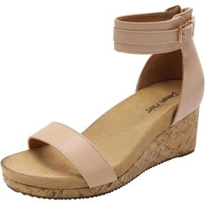 DREAM PAIRS Women’s Open Toe Buckle Ankle Strap Platform Wedge Sandals Summer Shoes.(Nude/Pu)