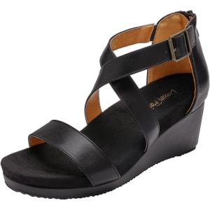 DREAM PAIRS Women’s Open Toe Buckle Ankle Strap Summer Platform Wedge Sandals(Black/Pu)