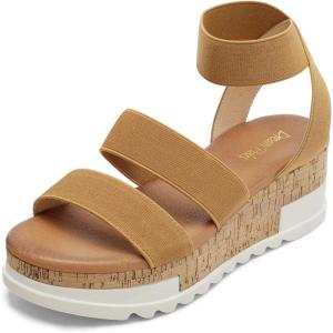 DREAM PAIRS Women’s Open Toe Elastic Ankle Strap Casual Flatform Platform Wedges Sandals(Camel)