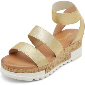 DREAM PAIRS Women’s Open Toe Elastic Ankle Strap Casual Flatform Platform Wedges Sandals(Gold)