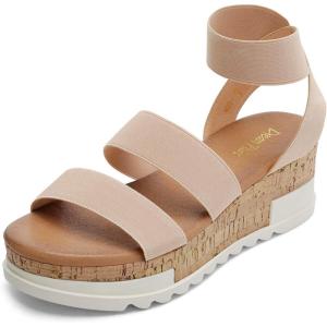 DREAM PAIRS Women’s Open Toe Elastic Ankle Strap Casual Flatform Platform Wedges Sandals(Nude)