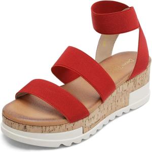 DREAM PAIRS Women’s Open Toe Elastic Ankle Strap Casual Flatform Platform Wedges Sandals(Red)