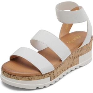 DREAM PAIRS Women’s Open Toe Elastic Ankle Strap Casual Flatform Platform Wedges Sandals(White)