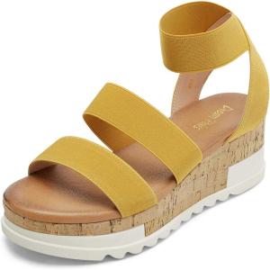 DREAM PAIRS Women’s Open Toe Elastic Ankle Strap Casual Flatform Platform Wedges Sandals(Yellow)