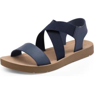 DREAM PAIRS Women’s Open Toe Elastic Ankle Strap Flat Summer Sandals(Navy)