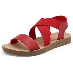 DREAM PAIRS Women’s Open Toe Elastic Ankle Strap Flat Summer Sandals(Red)