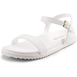 DREAM PAIRS Women’s Open Toe Flat Sandals Cute One Band Comfort Arch Support Sandals(White)