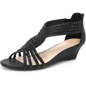 DREAM PAIRS Women’s Open Toe Low Wedges Sandals, Rhinestone Strappy Zipper Dress Shoes, Summer Wedding Party Travel Shoes(Black)
