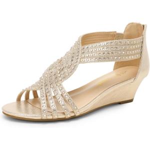 DREAM PAIRS Women’s Open Toe Low Wedges Sandals, Rhinestone Strappy Zipper Dress Shoes, Summer Wedding Party Travel Shoes(Gold)