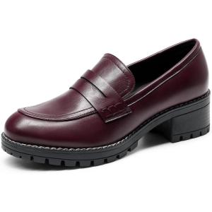 DREAM PAIRS Women’s Platform Chunky Heeled Loafers, Womens Business Casual Shoes(Burgundy Pu)