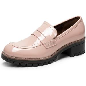 DREAM PAIRS Women’s Platform Chunky Heeled Loafers, Womens Business Casual Shoes(Pink Pat)