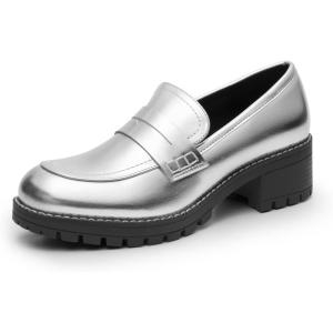 DREAM PAIRS Women’s Platform Chunky Heeled Loafers, Womens Business Casual Shoes(Silver Pu)