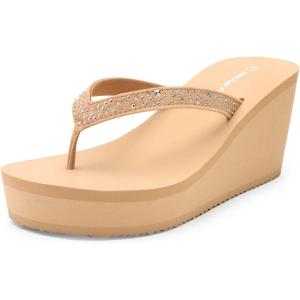 DREAM PAIRS Women’s Platform Flip Flop Rhinestones Arch Support Comfortable Soft Cushion Wedge Flip Flops Summer Thong Sandals(Nude)