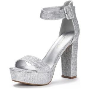 DREAM PAIRS Women’s Platform Heel Sandals, Open Toe Ankle Strap Heel Fashion Wedding Party Dress Sandals Shoes(Silver/Glitter)