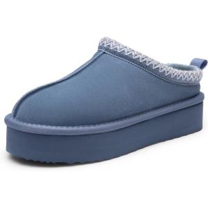 DREAM PAIRS Women’s Platform Slippers Genuine Suede Slip-on Warm FuzzyEasy Autumn Winter Fluffy Comfy Furry Shoes for Outdoor Indoor(Dark Blue)