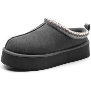 DREAM PAIRS Women’s Platform Slippers Genuine Suede Slip-on Warm FuzzyEasy Autumn Winter Fluffy Comfy Furry Shoes for Outdoor Indoor(Grey)