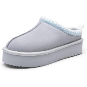 DREAM PAIRS Women’s Platform Slippers Genuine Suede Slip-on Warm FuzzyEasy Autumn Winter Fluffy Comfy Furry Shoes for Outdoor Indoor(Light Blue)