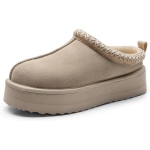 DREAM PAIRS Women’s Platform Slippers Genuine Suede Slip-on Warm FuzzyEasy Autumn Winter Fluffy Comfy Furry Shoes for Outdoor Indoor(Sand)