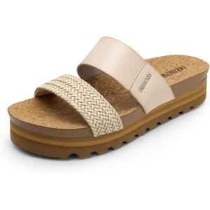 DREAM PAIRS Women’s Platform Wedge Sandals with Arch Support, Comfortable Beach Slip-on Flat Sandals, Casual 2-Strap Cork Cushion Slides for Women(Beige-pu)