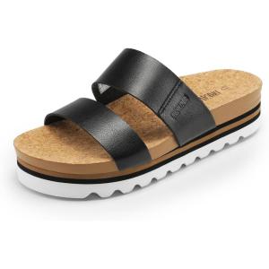 DREAM PAIRS Women’s Platform Wedge Sandals with Arch Support, Comfortable Beach Slip-on Flat Sandals, Casual 2-Strap Cork Cushion Slides for Women(Black)