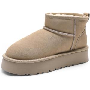 DREAM PAIRS Women’s Platform Winter Snow Boots Genuine Suede, Water Resistant Mini Ankle Boots Stable Lightweight Booties Anti-Slip with Memory Foam Outdoor Fuzzy(Sand)