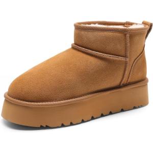 DREAM PAIRS Women’s Platform Winter Snow Boots Genuine Suede, Water Resistant Mini Ankle Boots Stable Lightweight Booties Anti-Slip with Memory Foam Outdoor Fuzzy(Chestnut)