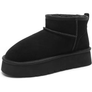 DREAM PAIRS Women’s Platform Winter Snow Boots Genuine Suede, Water Resistant Mini Ankle Boots Stable Lightweight Booties Anti-Slip with Memory Foam Outdoor Fuzzy(Black)