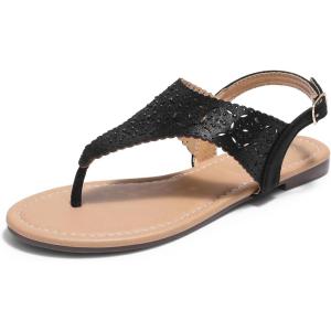 DREAM PAIRS Women’s Rhinestone Casual Wear Cute Gladiator Flat Sandals Beach Dressy T-Strap Thong Sandals(Black)