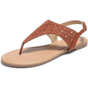 DREAM PAIRS Women’s Rhinestone Casual Wear Cute Gladiator Flat Sandals Beach Dressy T-Strap Thong Sandals(Brown-suede)