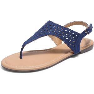 DREAM PAIRS Women’s Rhinestone Casual Wear Cute Gladiator Flat Sandals Beach Dressy T-Strap Thong Sandals(Navy)