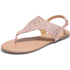 DREAM PAIRS Women’s Rhinestone Casual Wear Cute Gladiator Flat Sandals Beach Dressy T-Strap Thong Sandals(Pink)