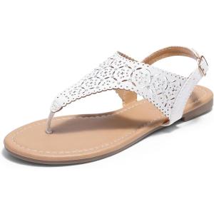 DREAM PAIRS Women’s Rhinestone Casual Wear Cute Gladiator Flat Sandals Beach Dressy T-Strap Thong Sandals(White)