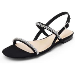 DREAM PAIRS Women’s Rhinestone Sandals Open Toe Casual Dressy Sparkly Comfortable Flat Summer Shoes(Black)